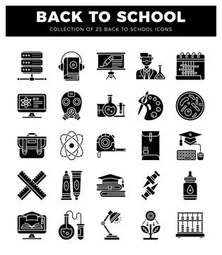 Educational icon collection in black and white.  Silhouette icons represent.. Illustrazione stock