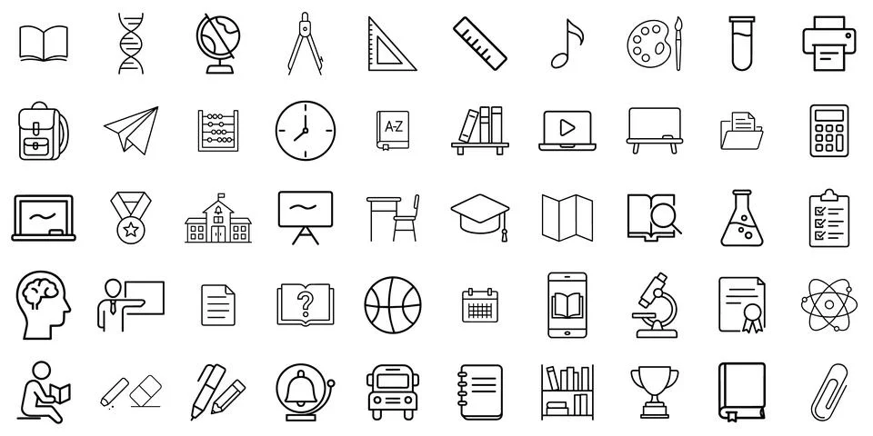 Educational Icon Set in Black and White Line Style Featuring School and Sci.. Stock Illustration