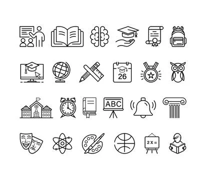 Educational Icon Set Featuring Learning, Teaching, and Academic Symbols Stock-Illustration