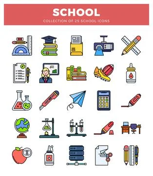 Educational icons collection in a flat design style for learning and school.. Stock Illustration