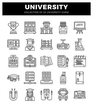 Educational icons collection on white background. black outlines. flat design Stock Illustration