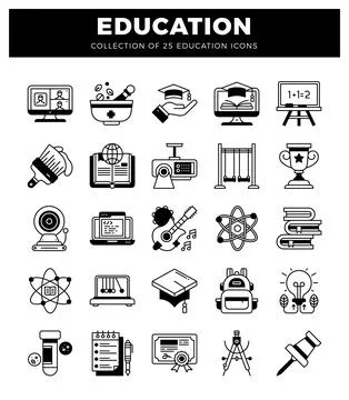 Educational icons collection on white background. Icons include diploma. la.. Stock Illustration
