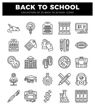 Educational icons collection on white background with BACK TO SCHOOL header Ilustración de archivo