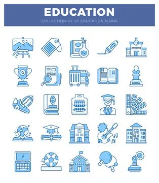 Educational icons displayed on white background with blue outline. Stock Illustration