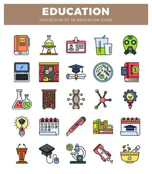 Educational icons featuring science and learning symbols on a white backgroun Stock Illustration