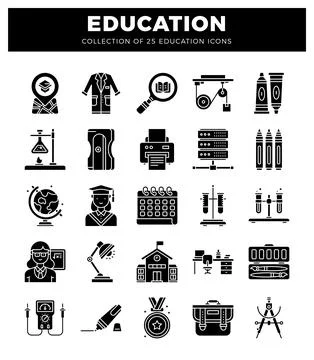 Educational icons including graduation cap. lab coat. magnifying glass. and.. Stock Illustration