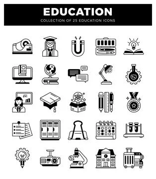 Educational icons representing learning and study in a clean. modern style Stock Illustration