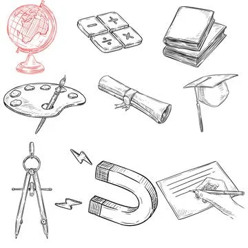 Educational icons set including globe, books, and graduation cap Stock Illustration