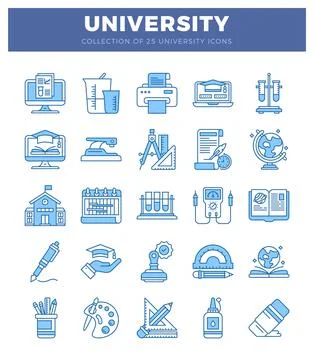 Educational icons set on white background with blue outlines 库存插图