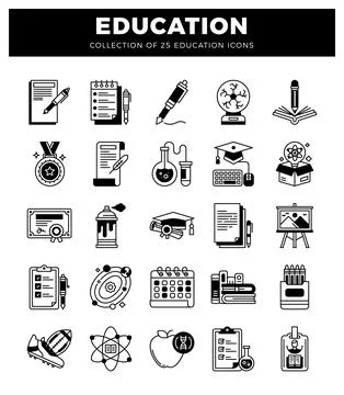 Educational icons in a white grid format against a black background. Stock Illustration