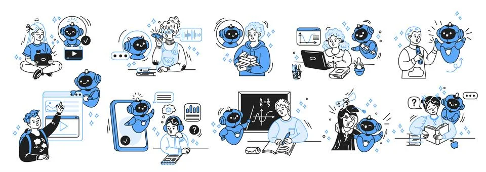 Educational Illustrations with Robots and Students Stock Illustration