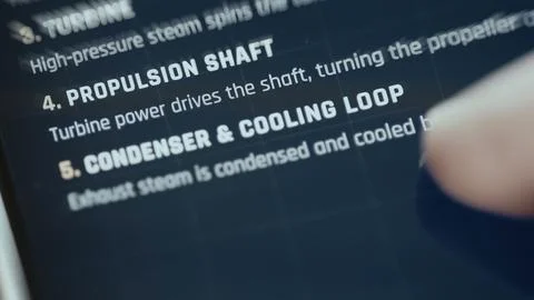 Educational interface lists the reactor core, steam generator, turbine Stock Photos