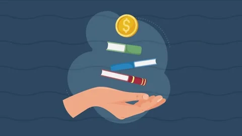 Educational investment concept featuring books and gold coins floating over.. Видео 339070841