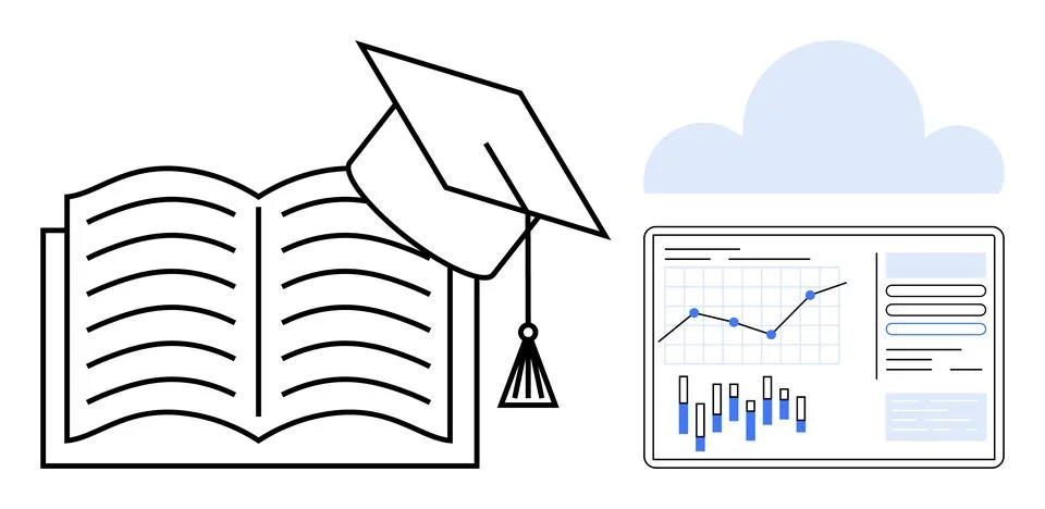 Educational learning represented by book with graduation cap and data on ta.. Stock Illustration