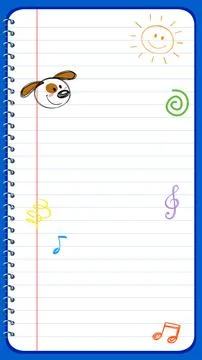 Educational Lined Notebook Paper Template with Cartoon Dog and Sun Doodles Stock Illustration