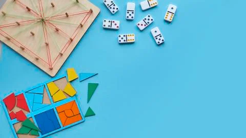 Educational Logic Games. Preschool Learning Toys. School supplies, stationery on Foto stock