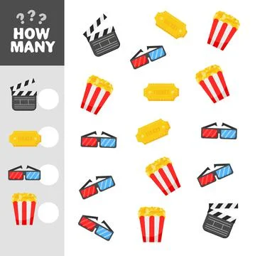 Educational math game for preschool children. How many - cinema icons Stock Illustration