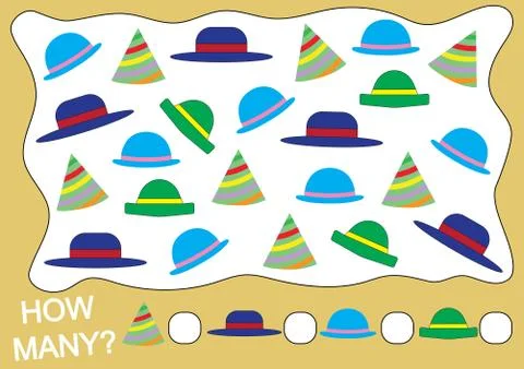 Educational mathematical game for children. Count how many hat. Stock Illustration