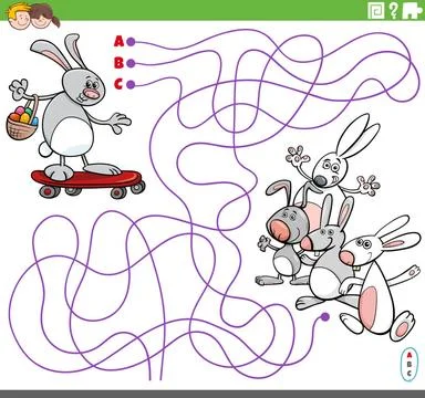 Educational maze game with cartoon Easter Bunny on skateboard Cartoon illu... Stock Photos