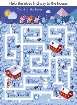 Educational maze game for children. Help elves find way. Count for kids 스톡 일러스트
