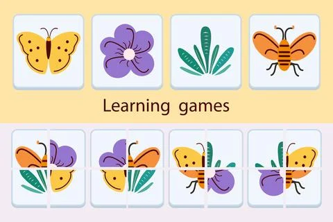Educational memory game with matching cards featuring insects and flowers f.. Stock Illustration