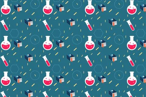 Educational pattern decoration with test tubes and book icons. Study backdrop Illustrazione stock