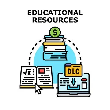 Educational resources concept with books, online content, and learning tools Illustrazione stock