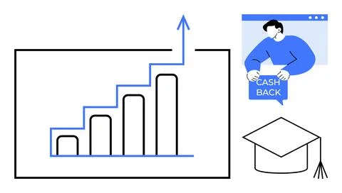 Educational Rewards Program Growth Chart with Cashback and Graduation Cap 스톡 일러스트