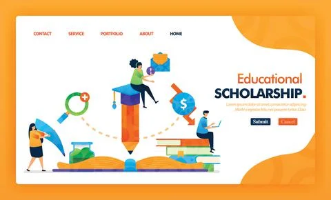 Educational scholarship landing page yellow vector concept with flat cartoon  Stock Illustration