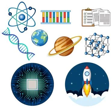 Educational Science Icons Set with Atom DNA Planets and Rocket Ship Stock Illustration