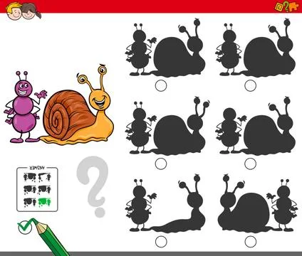 Educational shadow game with ant and snail Cartoon Illustration of Finding... 스톡 사진