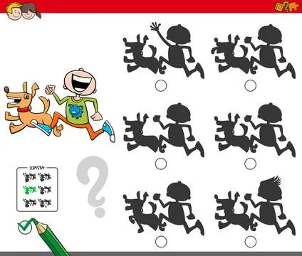 Educational shadow game with boy and dog Cartoon Illustration of Finding t... 스톡 사진