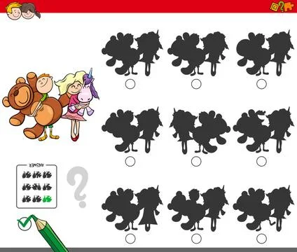 Educational shadow game with kids and toys Cartoon Illustration of Finding... Foto stock