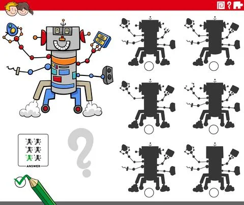 Educational shadows game with cartoon robot character Stock Illustration