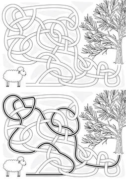 Educational sheep and mulga tree maze vector illustration Stock Illustration