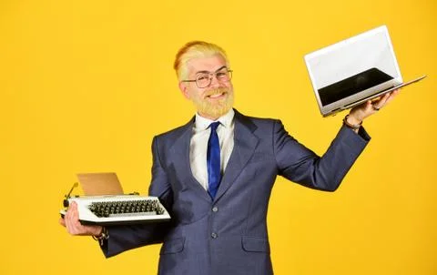 Educational site. computer or typewriter. new and old technology. modern digital Foto stock