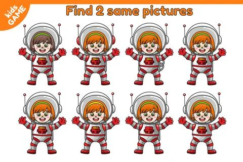 Educational space game Find 2 same girl astronaut Stock Illustration