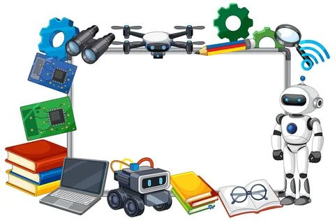 Educational STEM and Robotics Border Frame with Technology Objects Stock Illustration