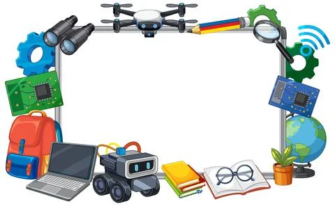 Educational STEM and Technology Border Frame with School Supplies Illustrazione stock