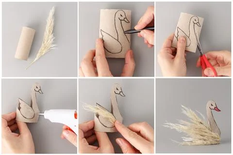 Educational step-by-step collage of DIY swan craft using cardboard tube and.. 写真素材