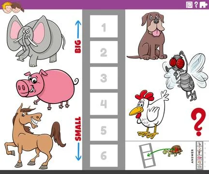 Educational task with big and small animals for kids Cartoon Illustration ... Stock Photos
