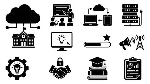 Educational technology and virtual classroom icon collection for e-learning.. Illustrazione stock