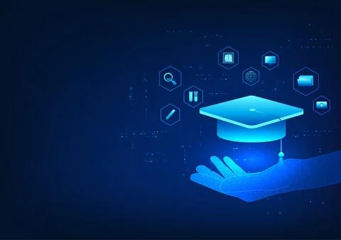 Educational Technology, Hand holding a graduation cap with education icons,.. 스톡 일러스트