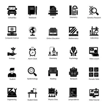 Educational Tools Glyph Icons Pack Stock Illustration
