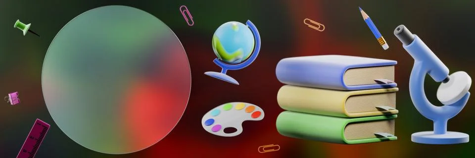 Educational tools including a globe, books, microscope and art palette. Illustrazione stock