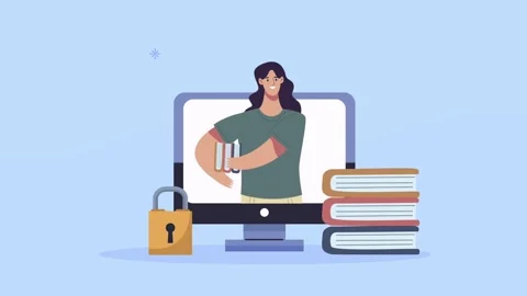 Educational video animation showing young woman holding books in computer m.. Stock Footage 338316001