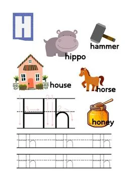 Educational worksheet featuring the letter 'H' with illustrations Illustrazione stock