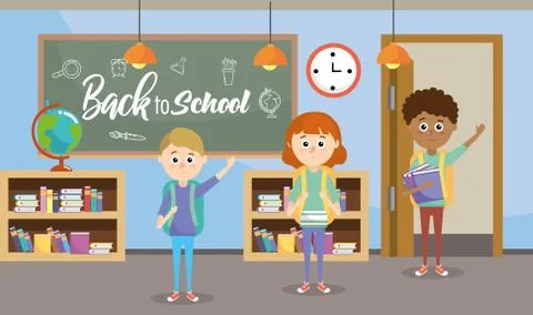 Educations students in the classroom with bookcase and blackboard 库存插图