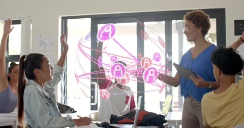 Educator asking question engaging students as pink network pulsing around Stock Footage 317592311
