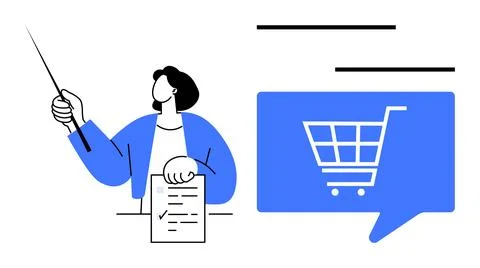Educator with document pointing at shopping cart symbol in speech bubble with Stock Illustration
